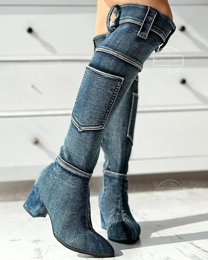 Damen Kniehohe Stiefel Blockabsatz Modisch