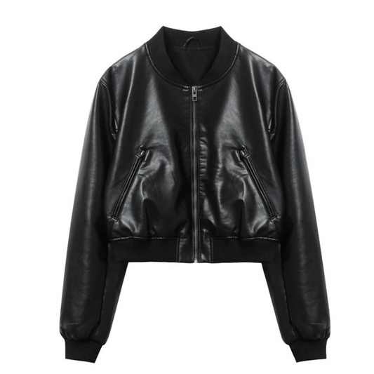 Damen Lederjacke Bombermodell mit gerippten Bündchen und Reißverschlusstaschen