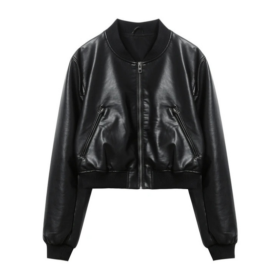 Damen Lederjacke Bombermodell mit gerippten Bündchen und Reißverschlusstaschen
