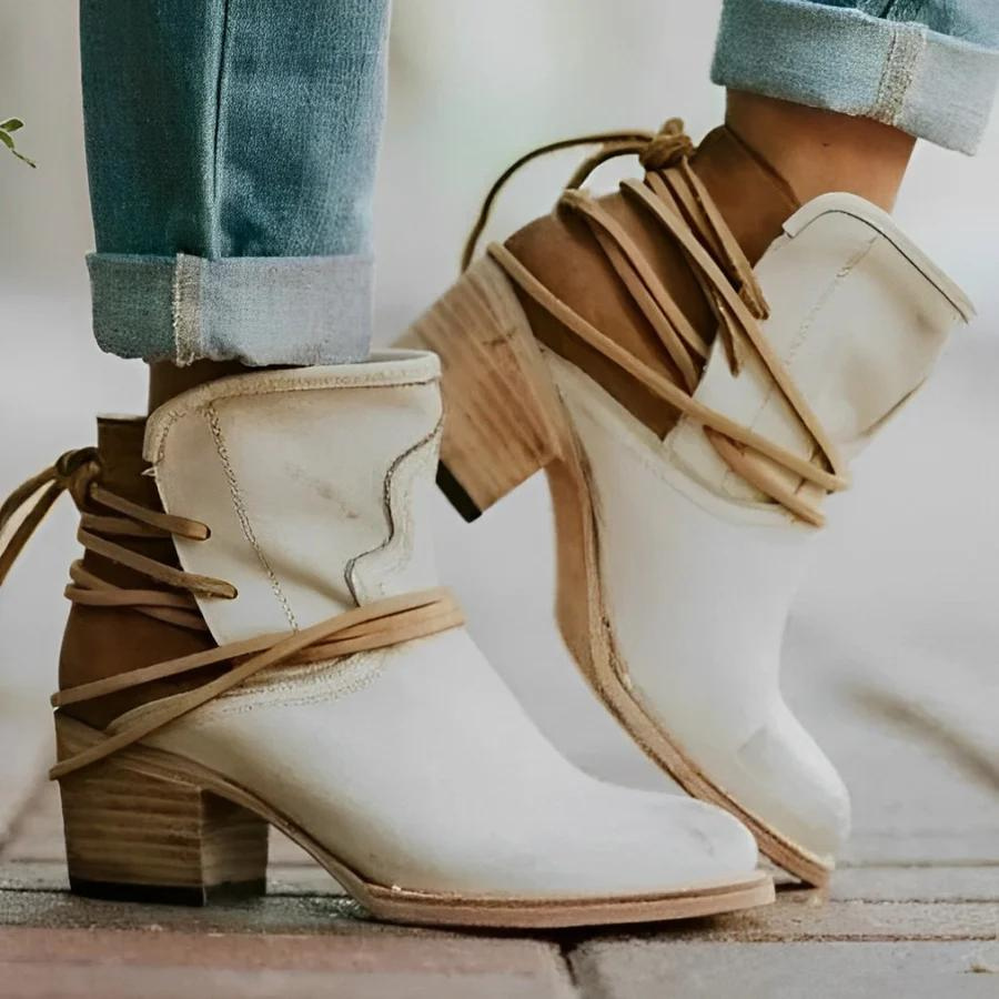 Damen Ankle Boots Wickelbänder Gewalktes Leder Hoher Blockabsatz