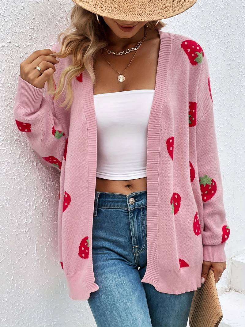 Damen Stylische Erdbeer Strickjacke Offene Vorderseite Frühling