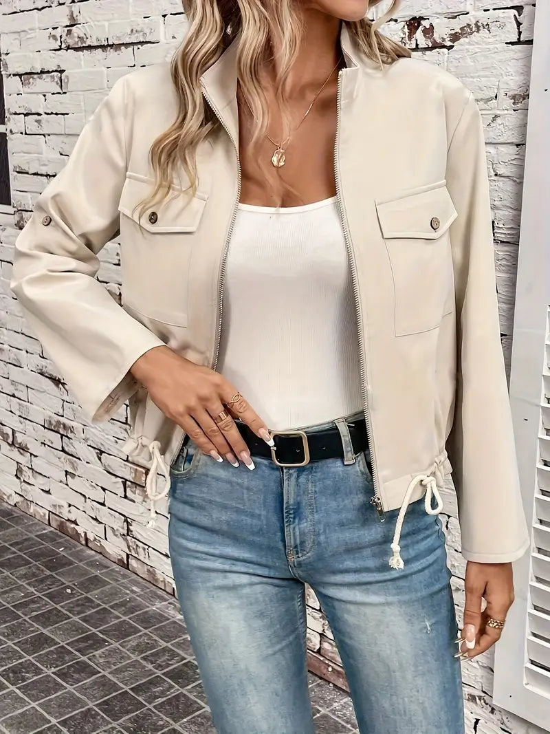 Fudus Damen Beige Utility Jacke - Reißverschluss & Verstellbare Ärmel