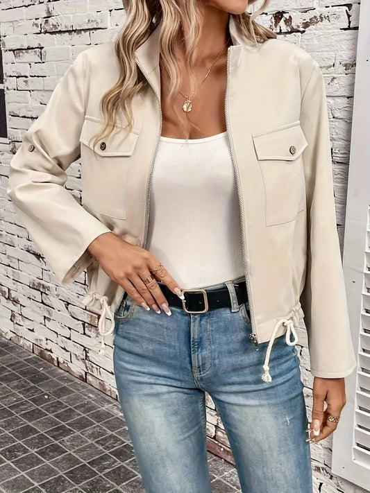 Fudus Damen Beige Utility Jacke - Reißverschluss & Verstellbare Ärmel