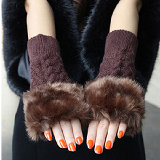 Damen Handschuhe mit luxuriösem Kunstfell und klassischem Strickmuster Fudus
