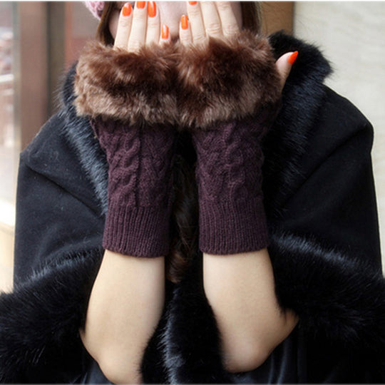 Damen Handschuhe mit luxuriösem Kunstfell und klassischem Strickmuster Fudus