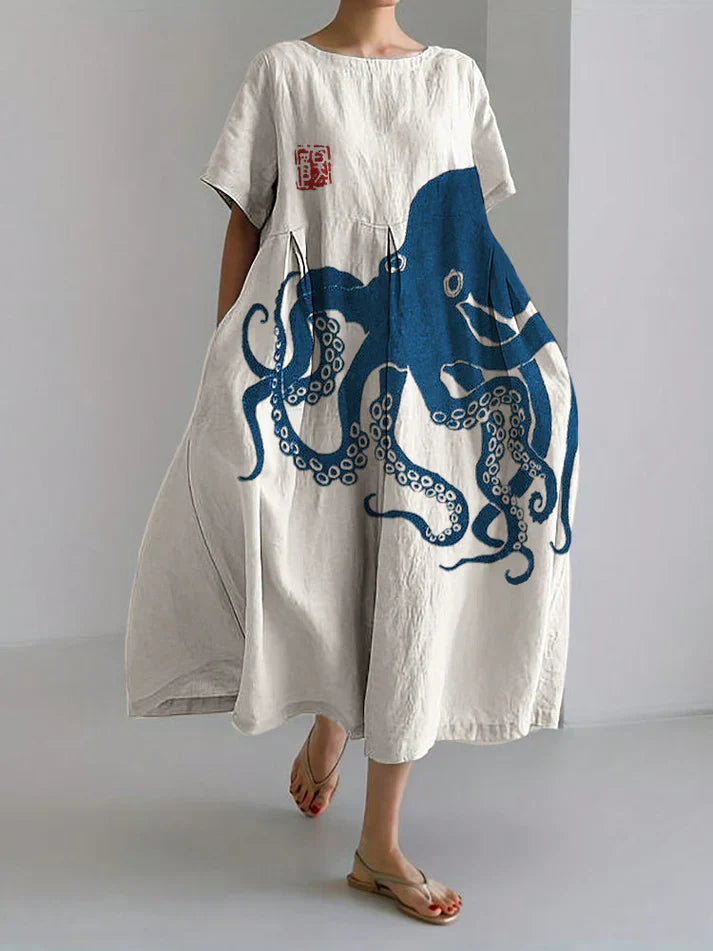 Kleid Lang Halbleinen Japanisches Muster Octopus