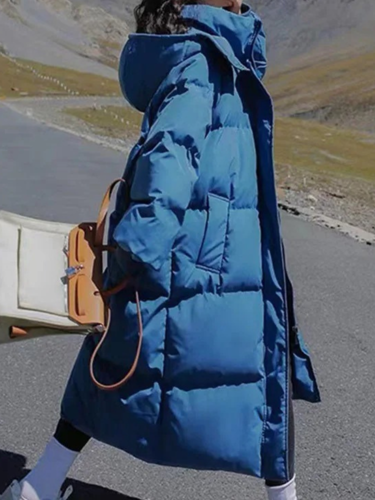 Damen Lange Oversized Steppwinterjacke mit Kapuze