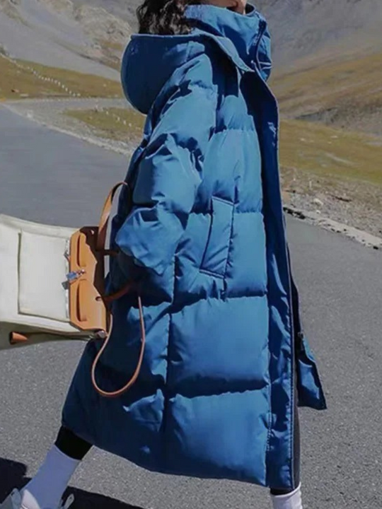 Damen Lange Oversized Steppwinterjacke mit Kapuze