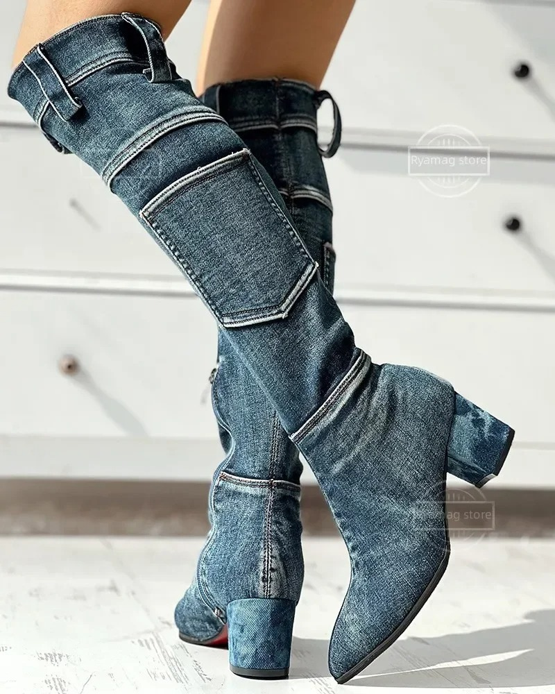 Damen Kniehohe Stiefel Blockabsatz Modisch