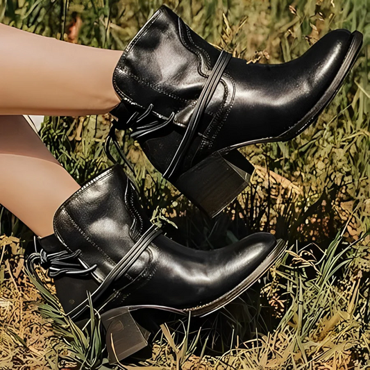 Damen Ankle Boots Wickelbänder Gewalktes Leder Hoher Blockabsatz