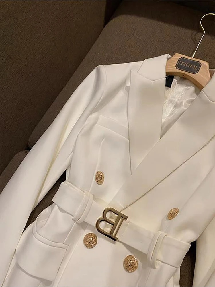 Blazer Kleid Damen, Mit Gürtel und Goldenen Knöpfen