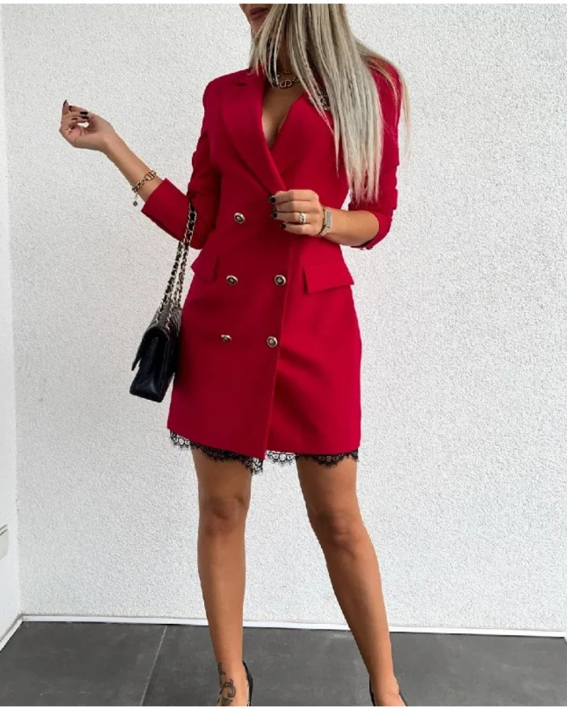 Blazer Kleid Damen Mit Spitzen Saum und Doppelknöpfen