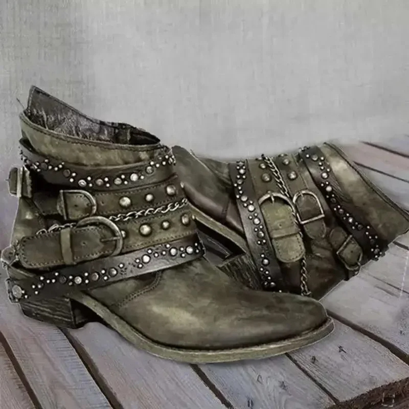 Rustyra - Vintage Westernstiefel mit Ketten, Schnallen & Nieten - Cowboy Stiefel Damen