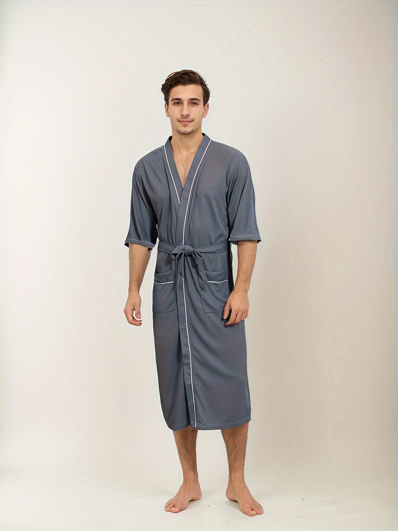 Fudus | Stylische Herrenbademantel Mit Kurzen Ärmeln Und Doppelten Taschen