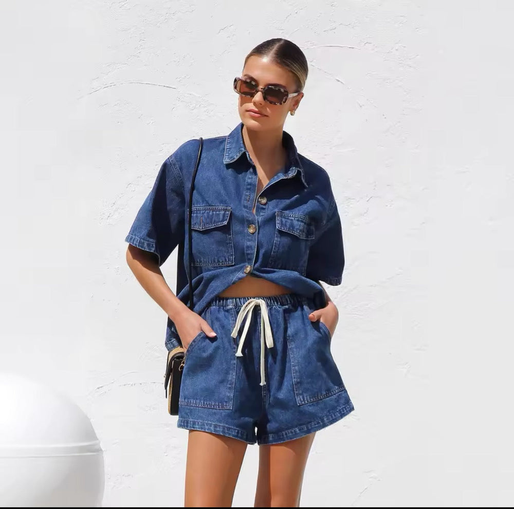 Jeans Set Lässig Übergröße Hemd Shorts