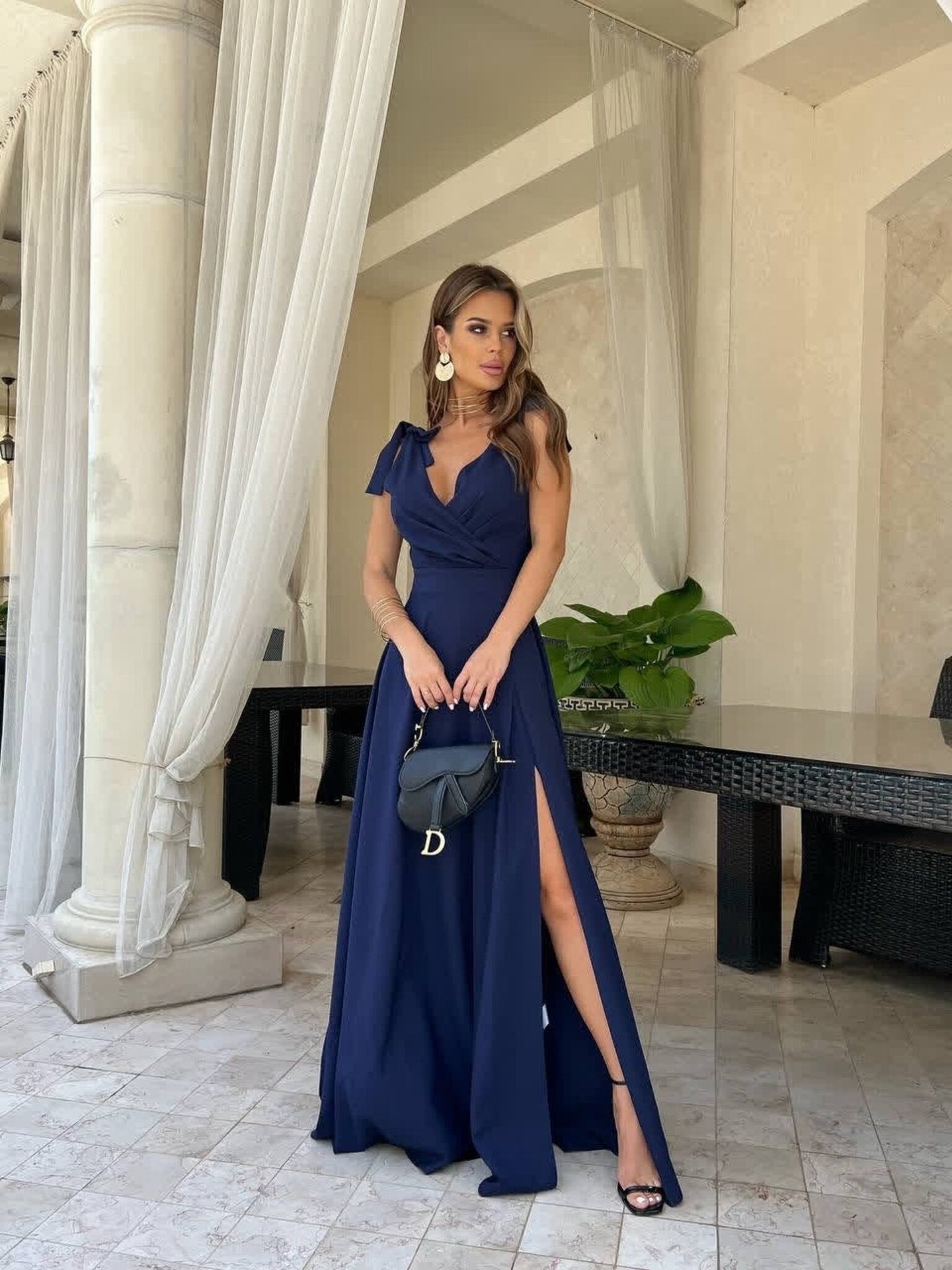 Damen Abendkleid Lang Plissiert Einfarbig