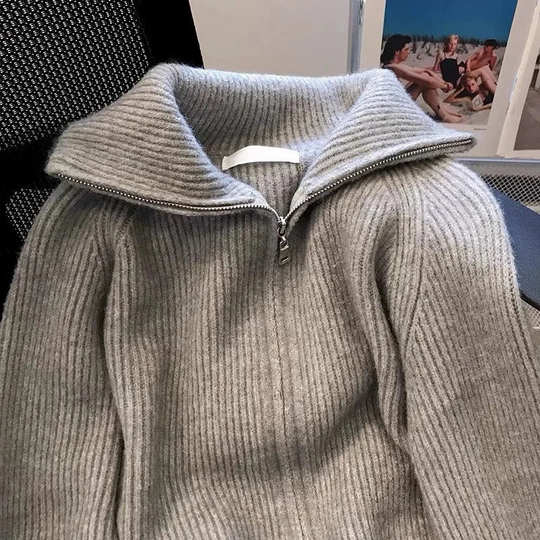 Damen Woll Strickjacke mit Reißverschluss Warm Elegant