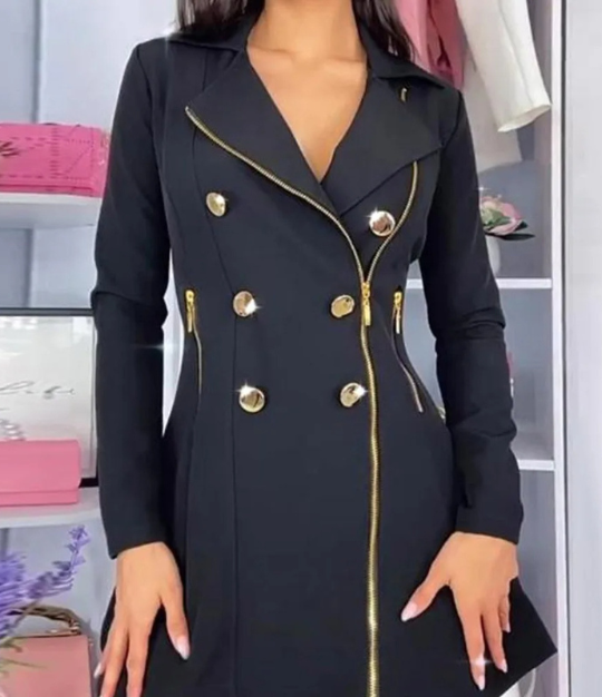 Blazer Kleid Damen Mit Reißverschlussakzenten und Goldenen Knöpfen