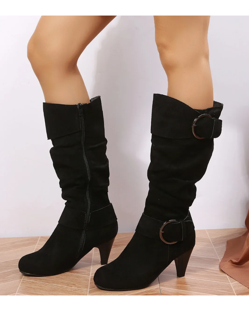 Damen Stiefel Absatz Wildlederlook Schnallen Reißverschluss