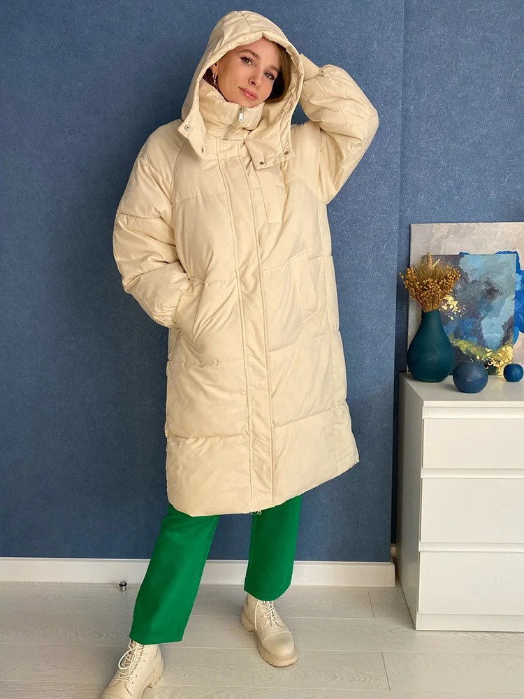 Damen Lange Oversized Steppwinterjacke mit Kapuze