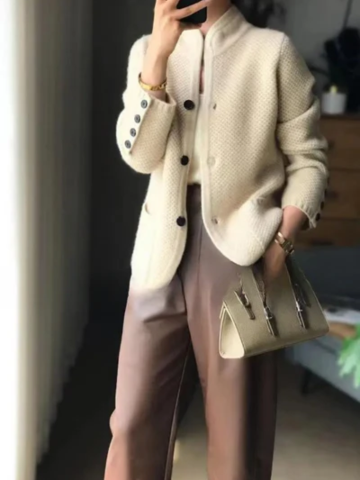 Damen Strickjacke Struktur Stehkragen Knopfleiste Weich Elegant