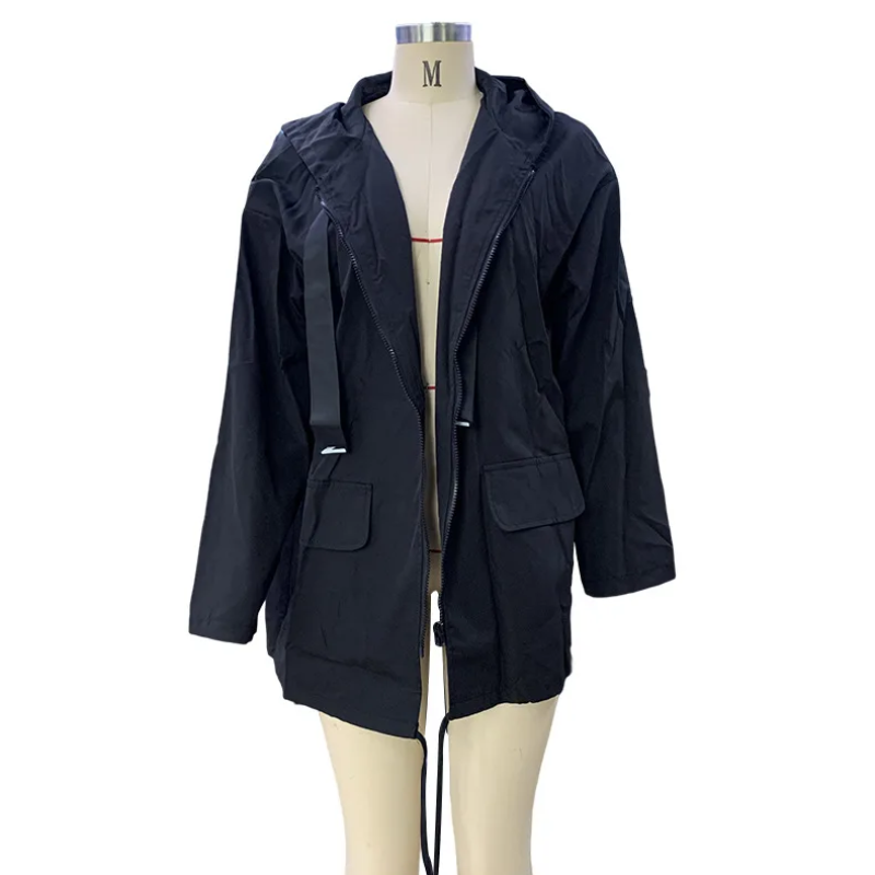 Damen Trenchcoat mit Kapuze und Auffälligem Textdesign