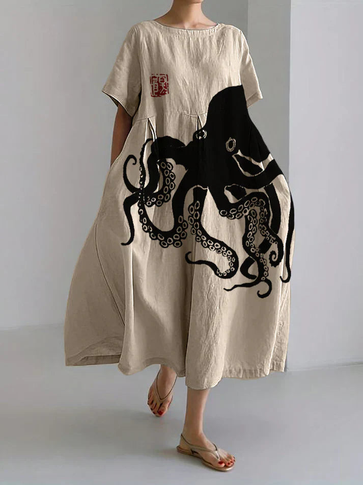 Kleid Lang Halbleinen Japanisches Muster Octopus