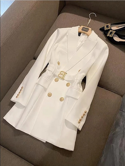 Blazer Kleid Damen, Mit Gürtel und Goldenen Knöpfen