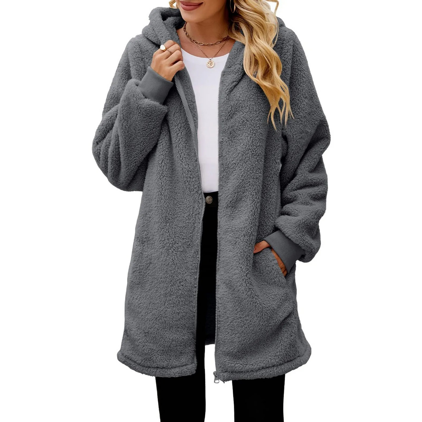 Trevalé - Langer Teddy-Jacke Damen mit Kapuze und Reißverschluss