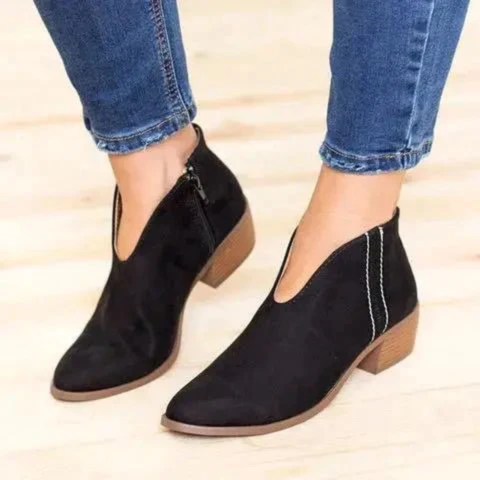Damen Ankle Boots Wildleder V Form Niedriger Absatz Reißverschluss