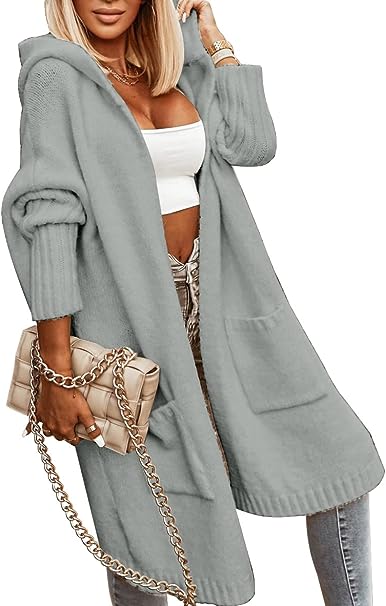 Damen Strickmantel Lässig Offen Kapuze Mittlere Länge Leicht