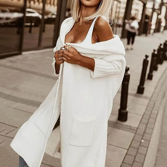 Damen Strickmantel Lässig Offen Kapuze Mittlere Länge Leicht