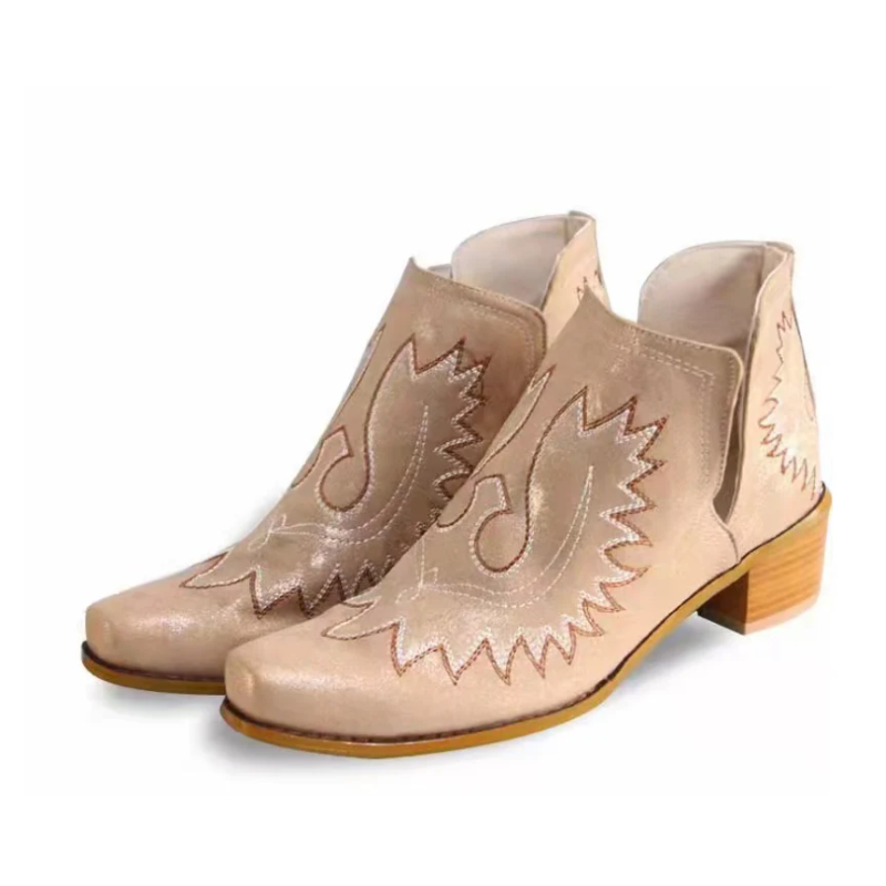 Fudus Damen Western Stiefeletten - Bestickt & Mit Flachem Blockabsatz