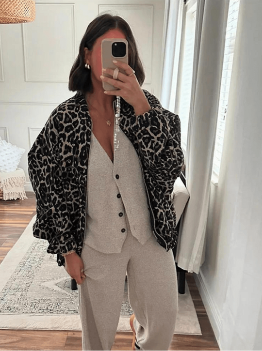 Damen Stylische Leopardenmuster Bomberjacke Trendiger Look
