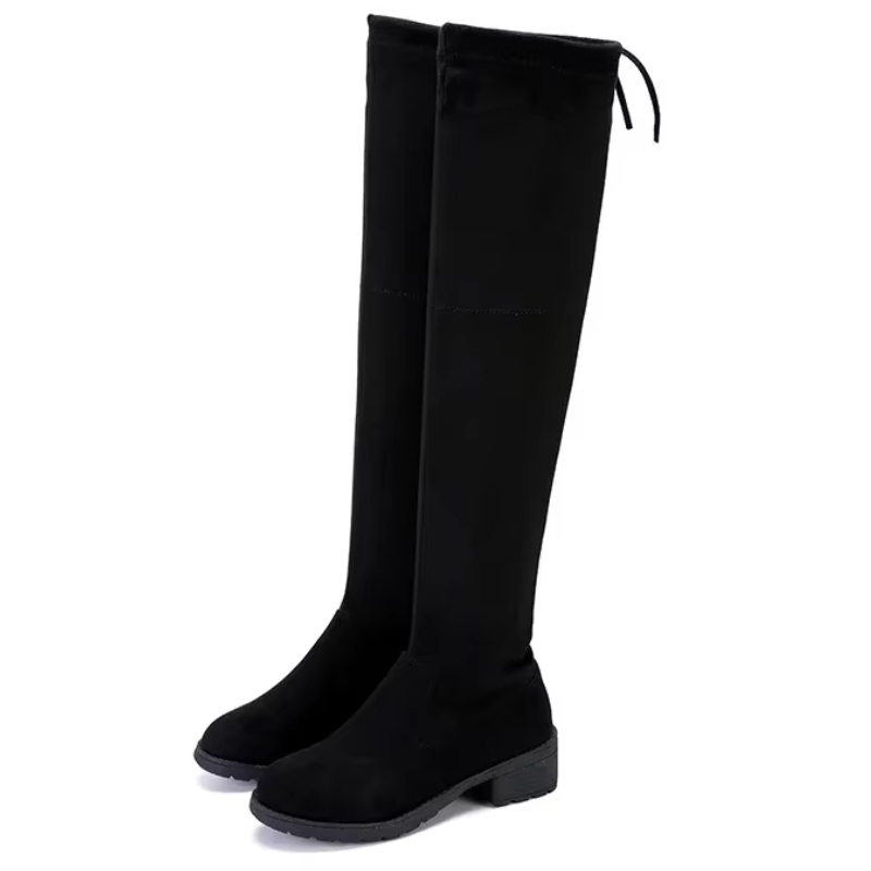 Damen Overknee Stiefel mit Blockabsätzen und Schnürung