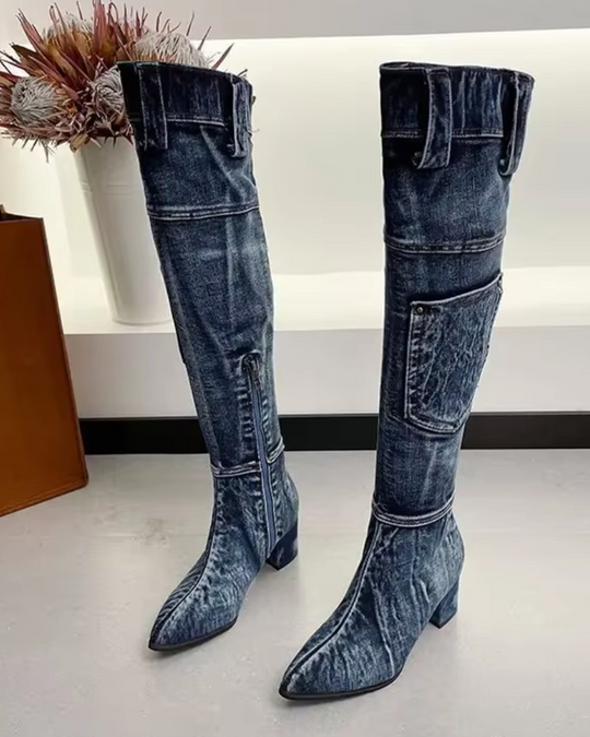 Damen Kniehohe Stiefel Blockabsatz Modisch