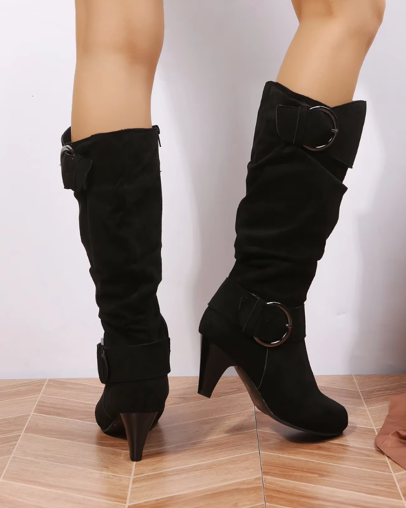 Damen Stiefel Absatz Wildlederlook Schnallen Reißverschluss
