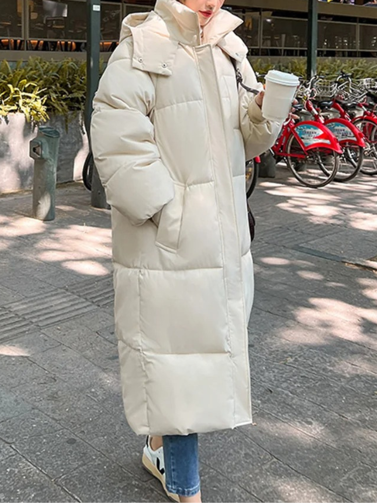 Damen Lange Oversized Steppwinterjacke mit Kapuze