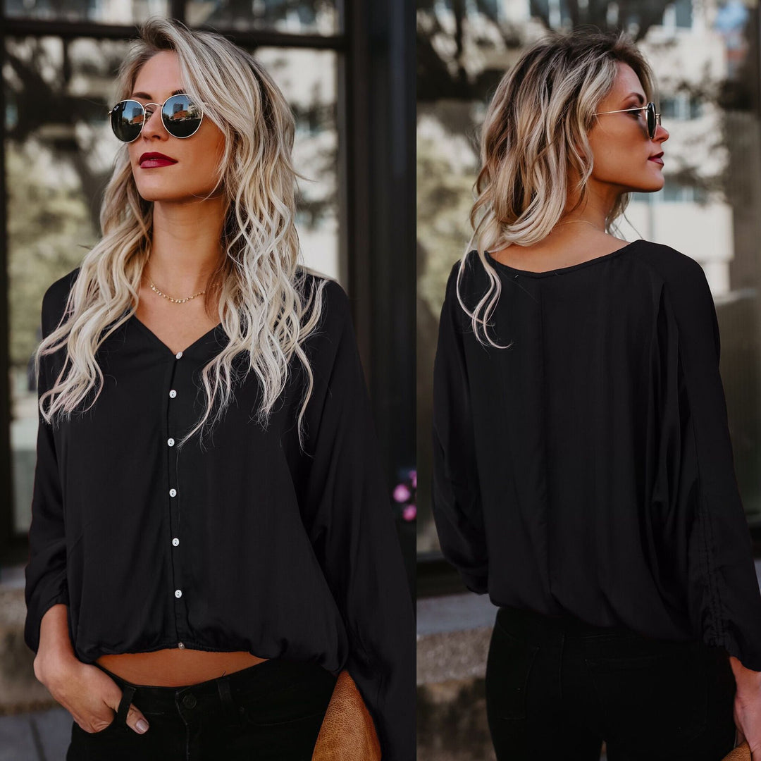 Damen lässige Bluse mit knopfbarem V-Ausschnitt und flexiblem Saum Fudus