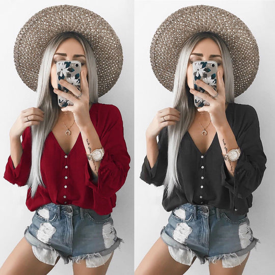 Damen lässige Bluse mit knopfbarem V-Ausschnitt und flexiblem Saum Fudus