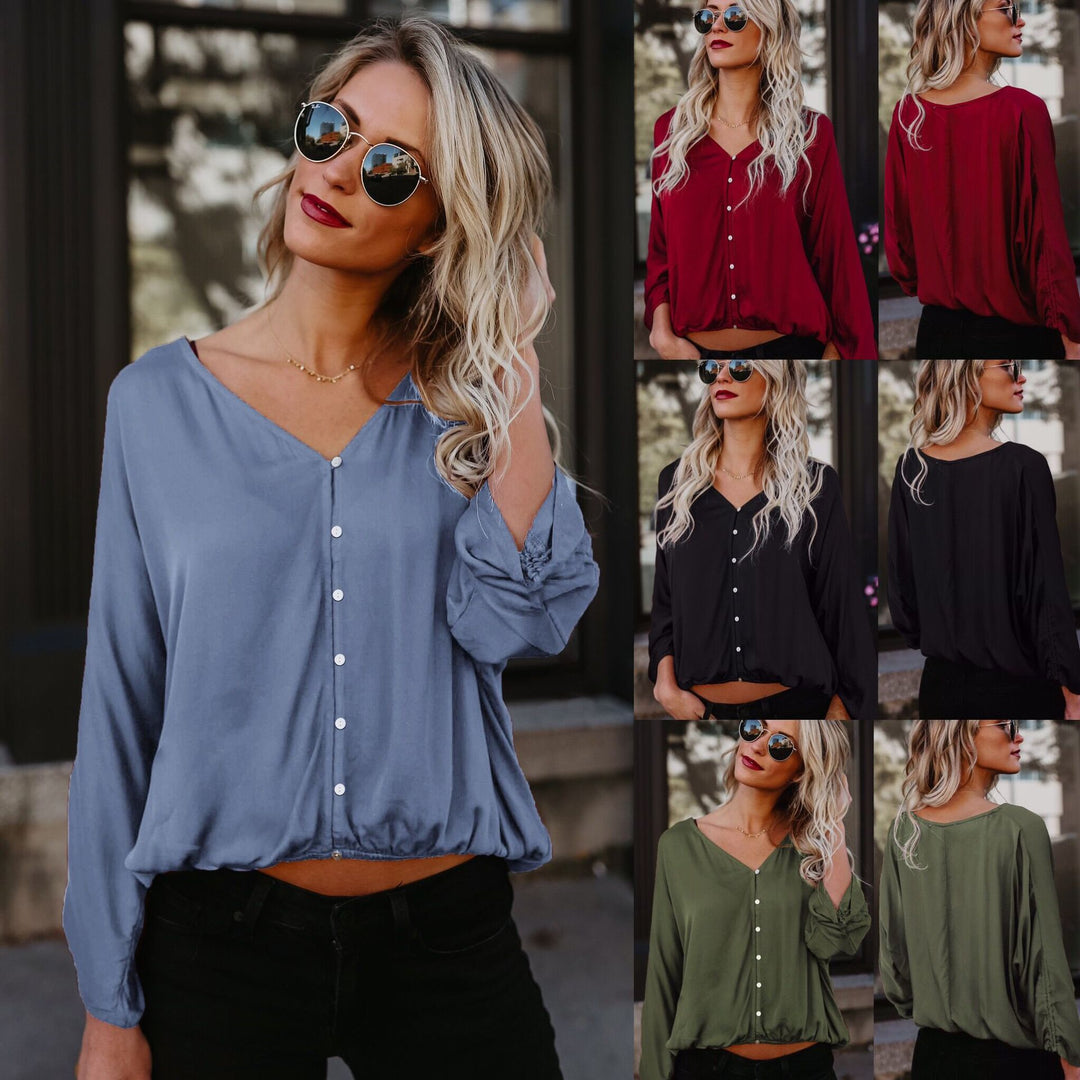 Damen lässige Bluse mit knopfbarem V-Ausschnitt und flexiblem Saum Fudus