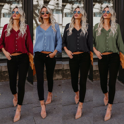 Damen lässige Bluse mit knopfbarem V-Ausschnitt und flexiblem Saum Fudus