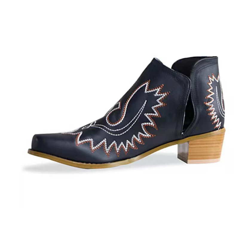 Fudus Damen Western Stiefeletten - Bestickt & Mit Flachem Blockabsatz