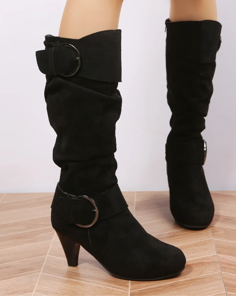 Damen Stiefel Absatz Wildlederlook Schnallen Reißverschluss
