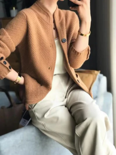 Damen Strickjacke Struktur Stehkragen Knopfleiste Weich Elegant