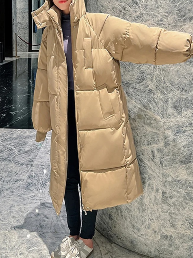 Damen Lange Oversized Steppwinterjacke mit Kapuze