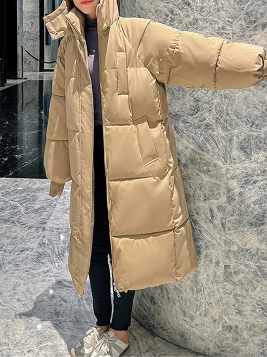 Damen Lange Oversized Steppwinterjacke mit Kapuze