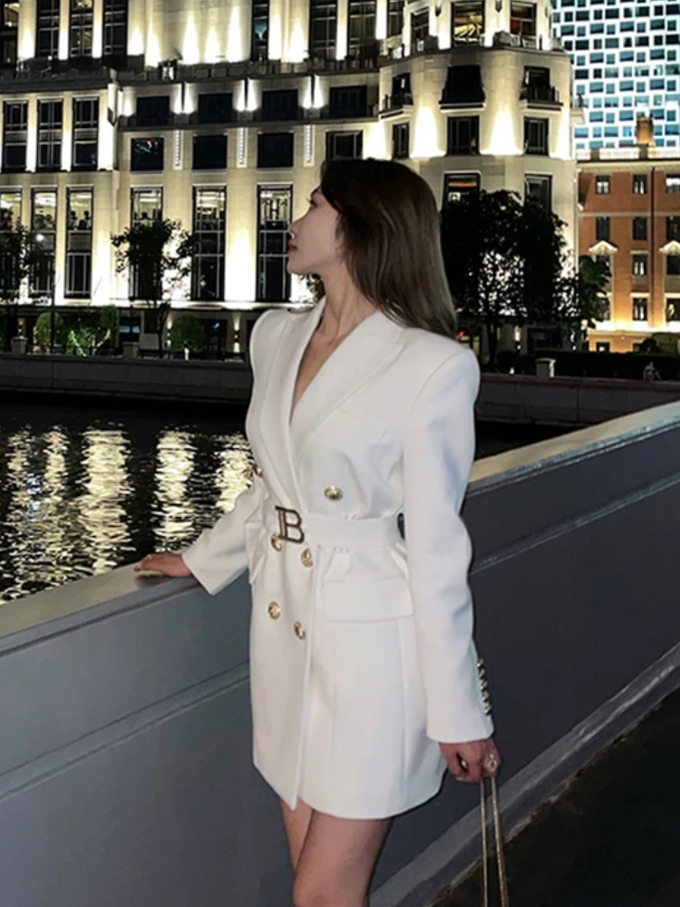 Blazer Kleid Damen, Mit Gürtel und Goldenen Knöpfen