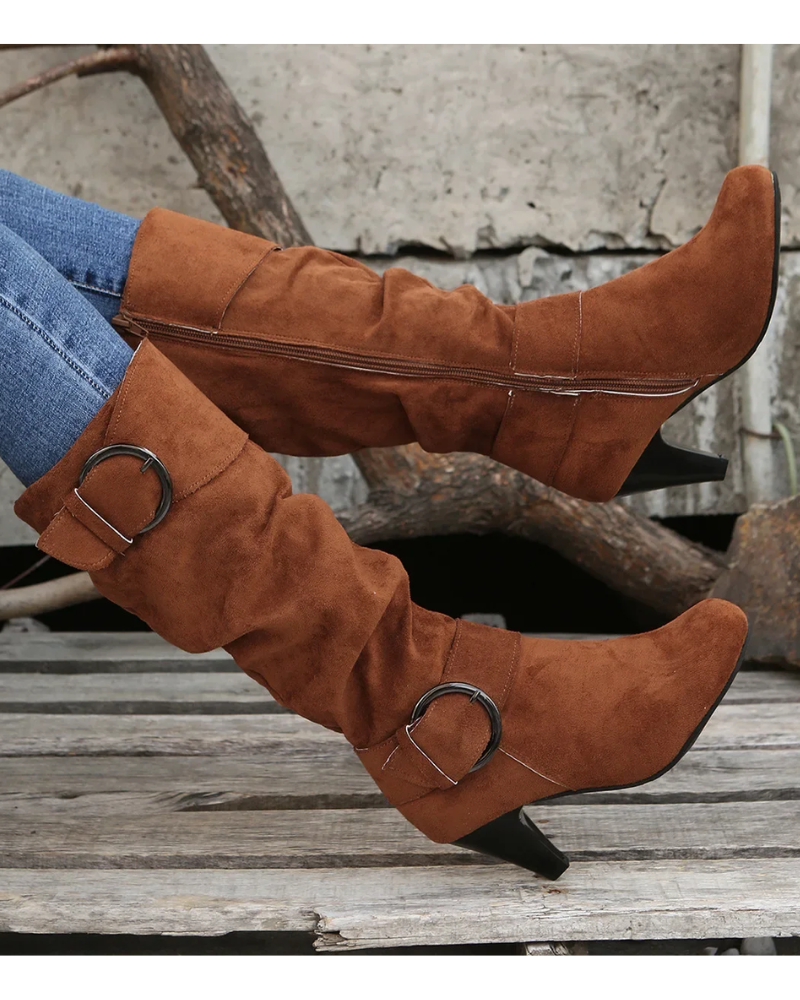 Damen Stiefel Absatz Wildlederlook Schnallen Reißverschluss