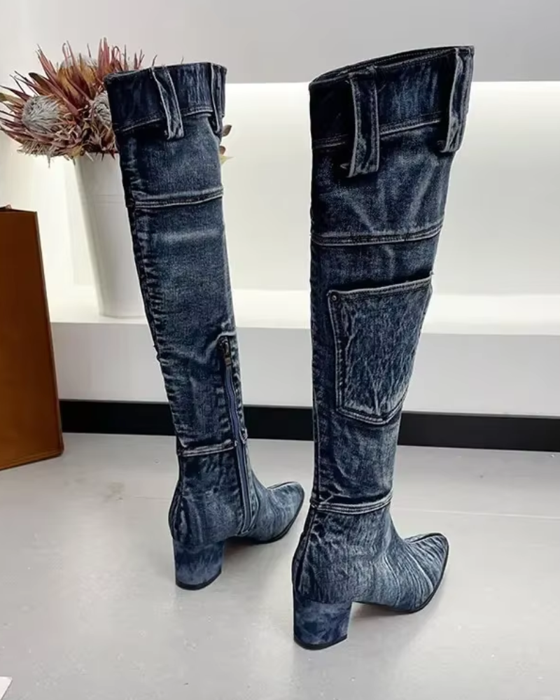 Damen Kniehohe Stiefel Blockabsatz Modisch